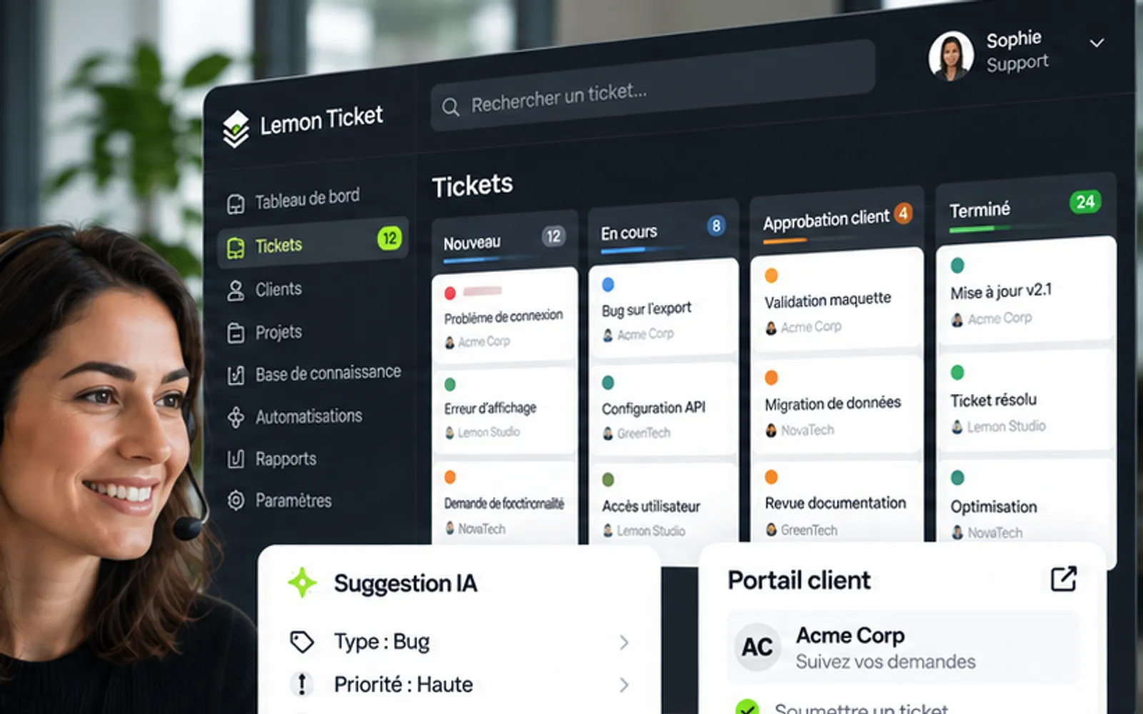Tableau des tickets Lemon Ticket en colonnes : Nouveau, En cours, Approbation client et Terminé, avec compteurs par statut.