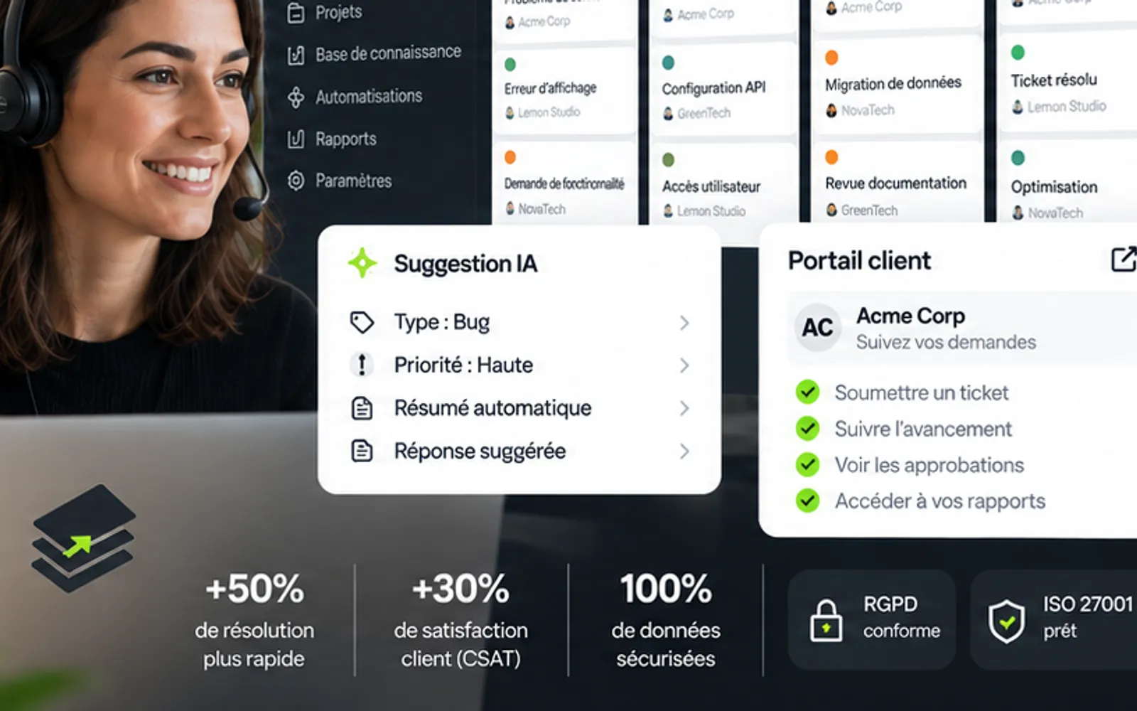 Panneau Suggestion IA d'un ticket Lemon Ticket : type, priorité, résumé automatique et réponse suggérée, à côté du portail client.
