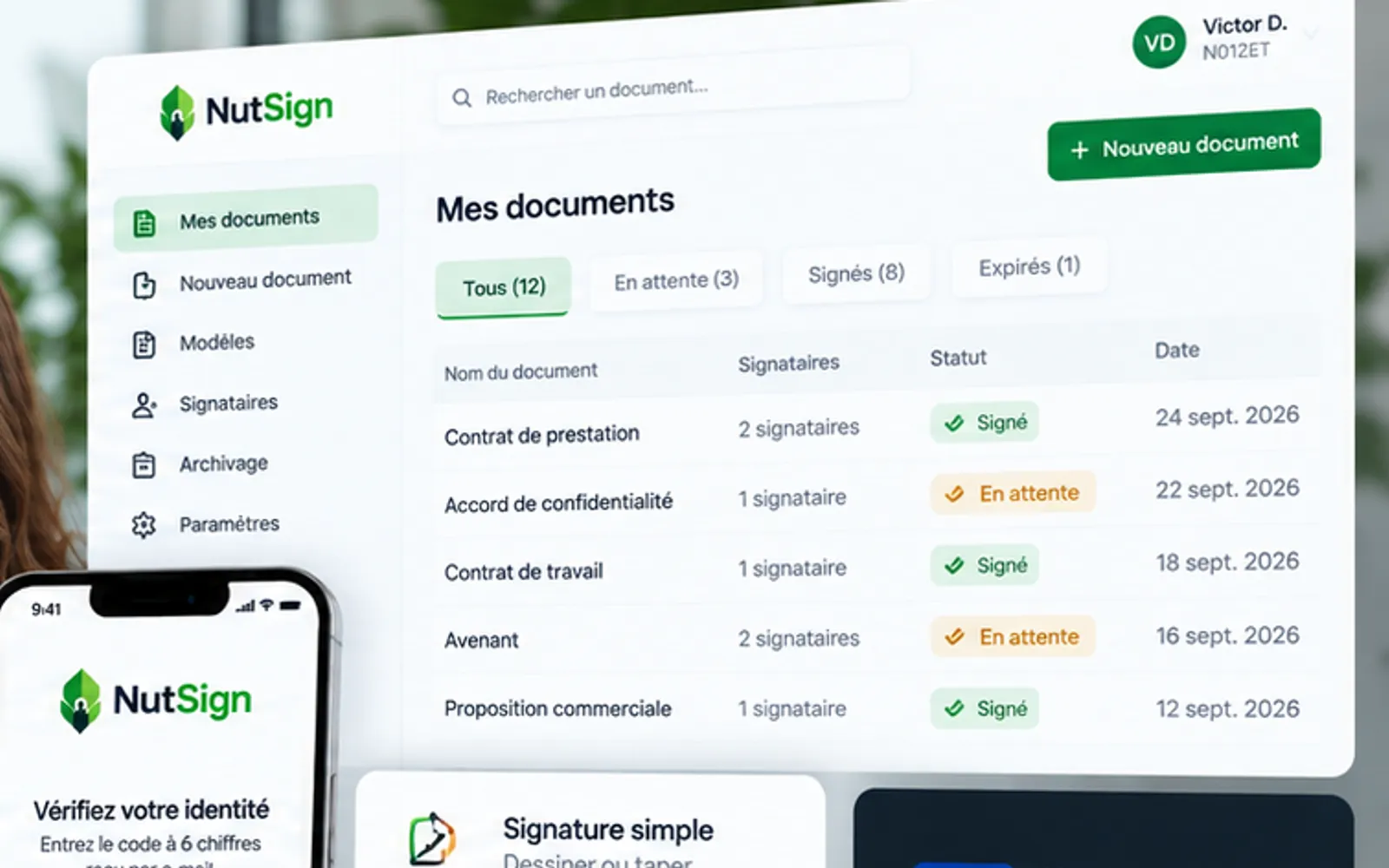 Espace « Mes documents » NutSign : liste des contrats avec le nombre de signataires, le statut (signé, en attente) et la date.