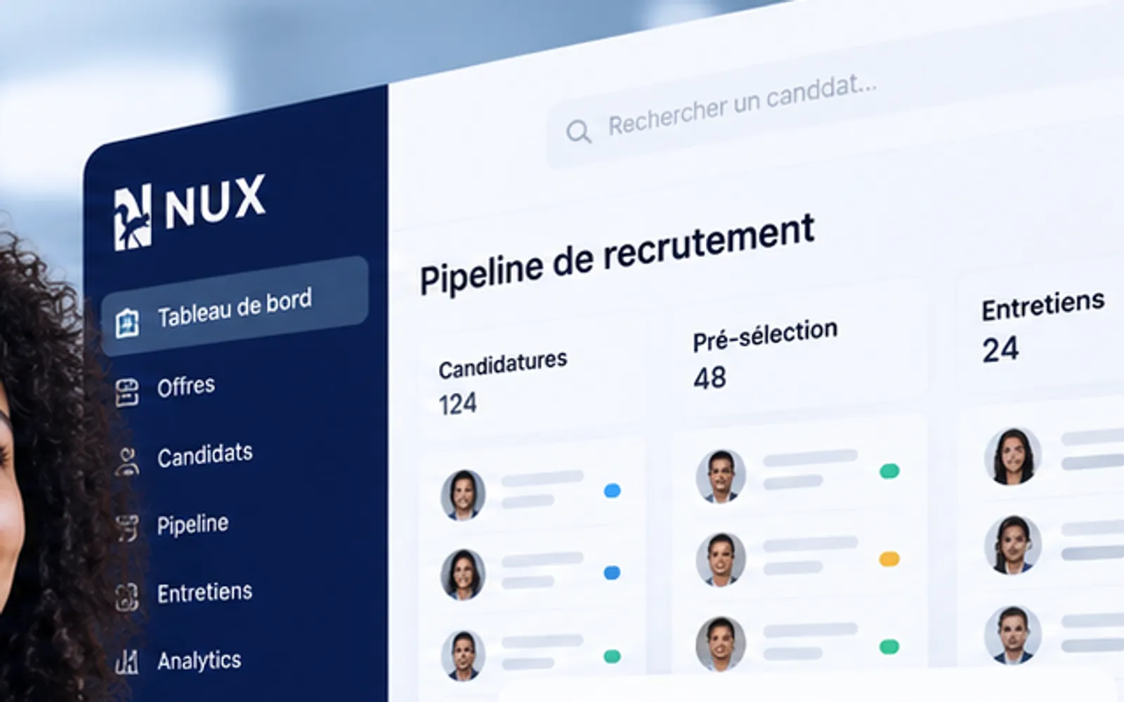 Pipeline de recrutement NUX : colonnes Candidatures, Pré-sélection et Entretiens avec les compteurs et les cartes candidats.
